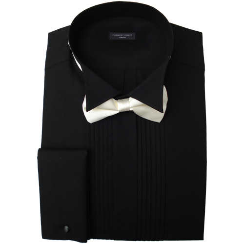 RE-PACKAGED Black Poly-Cotton Pleated Wing Collar Dress Shirt
